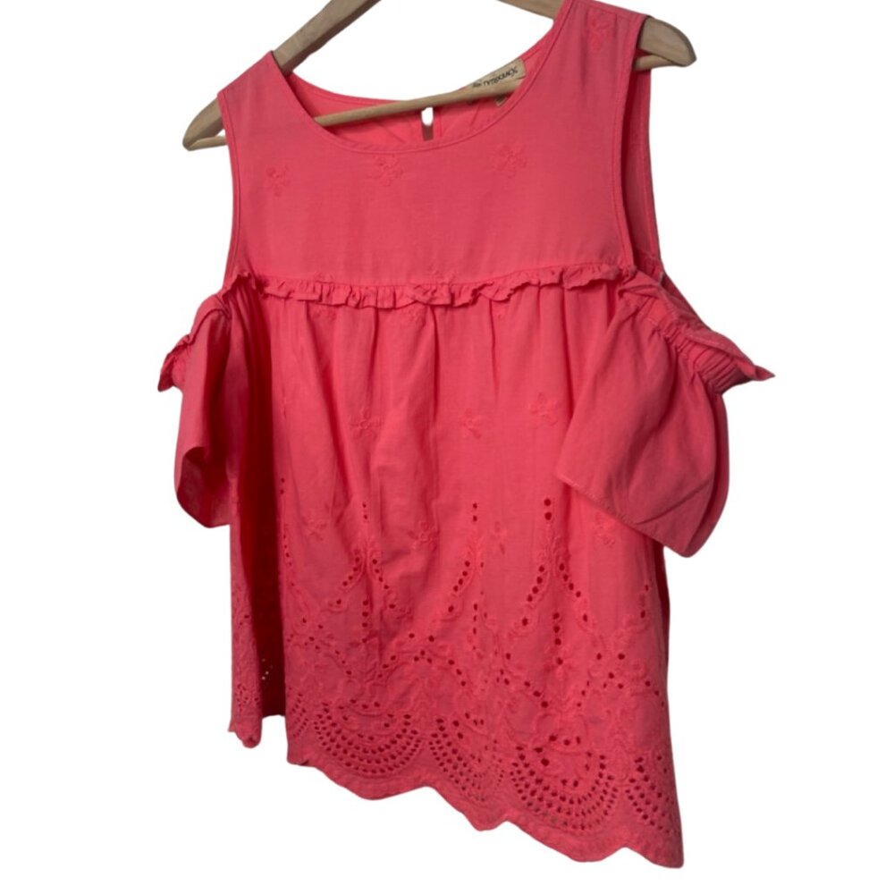 DEMOCRACY | Pink Cotton Cold Shoulder Eyelet Blouse | Size M - Picture 4 of 13